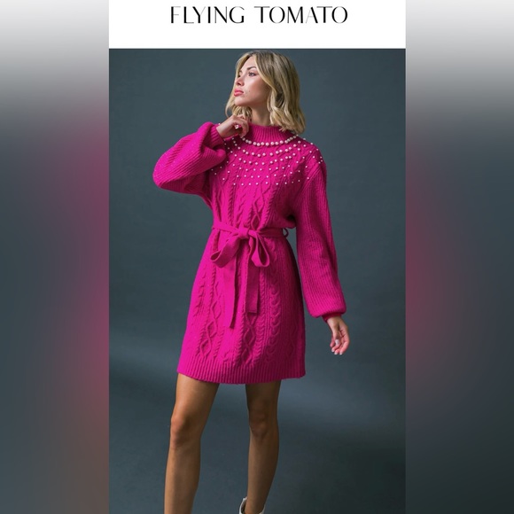 Flying Tomato Dresses & Skirts - NWOT #179 - FLYING TOMATO BRING THE VIBES SWEATER MINI FUCHSIA DRESS S-Small